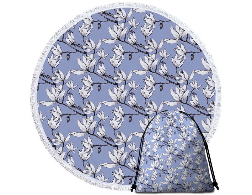 Black and White Flowers Drawing Round Beach Towel