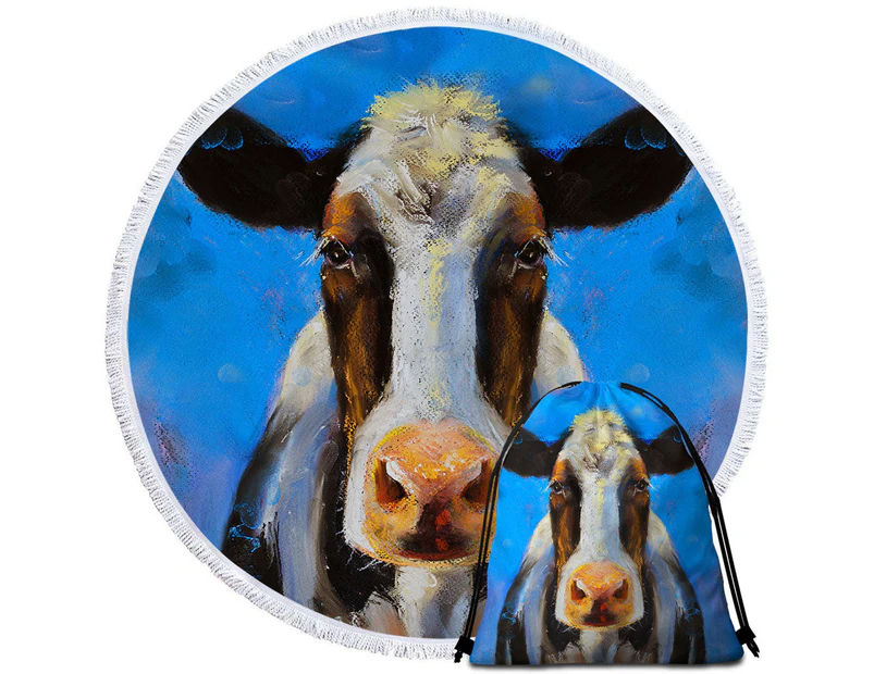 Art Painting Black and White Cow Round Beach Towel