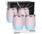 CHILLOUT LIFE Stainless Steel Wine Tumblers 4 Pack 12 oz - Double Wall Vacuum Insulated Wine Cups with Lids and Straws Set - Powder Coated Cotton Candy