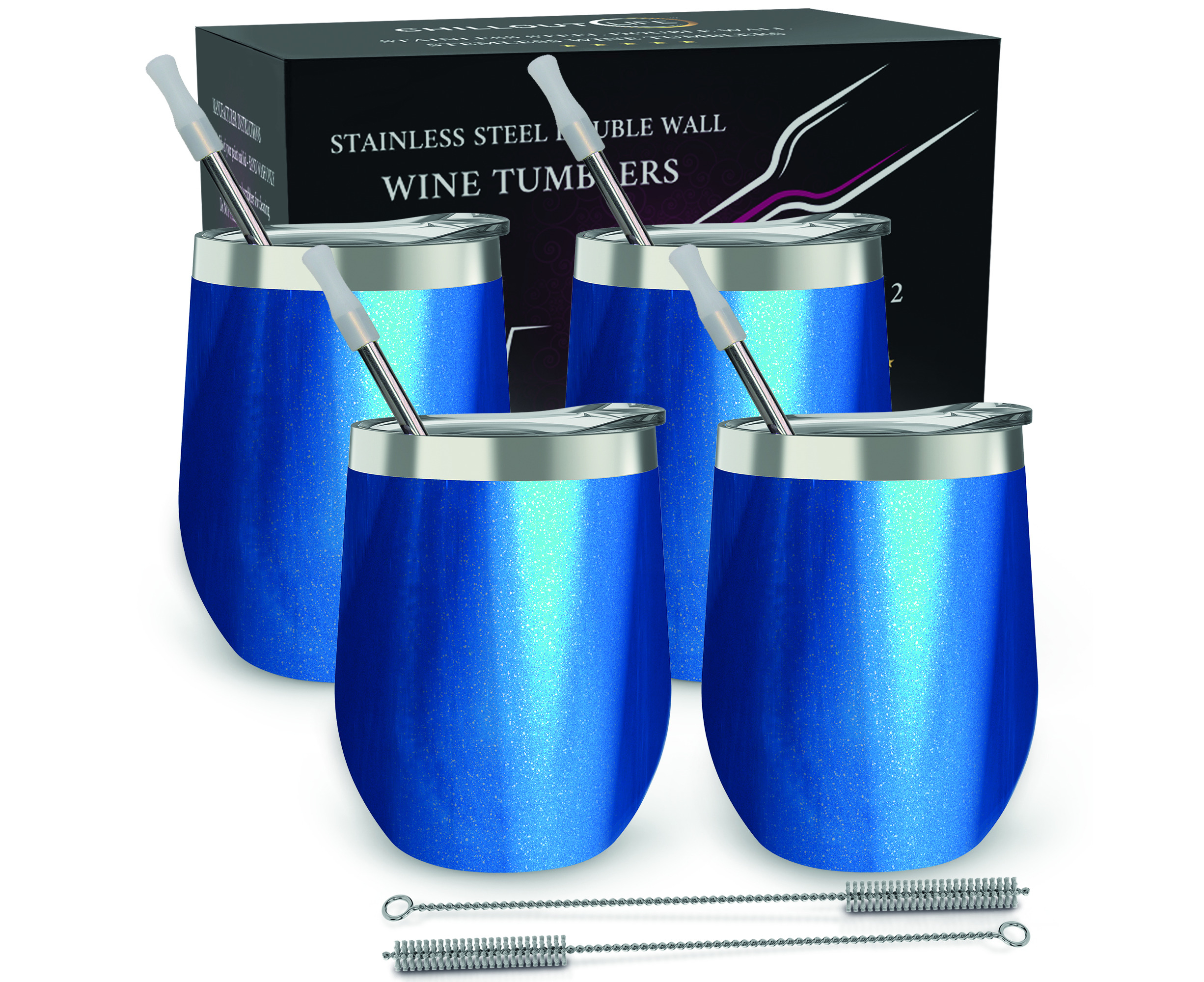 Lids　Stainless　Vacuum　CHILLOUT　Straws　Set　Wine　12　Wine　Steel　Pack　Insulated　LIFE　with　Double　Wall　Cups　Tumblers　Blue　Sparkle　oz　and