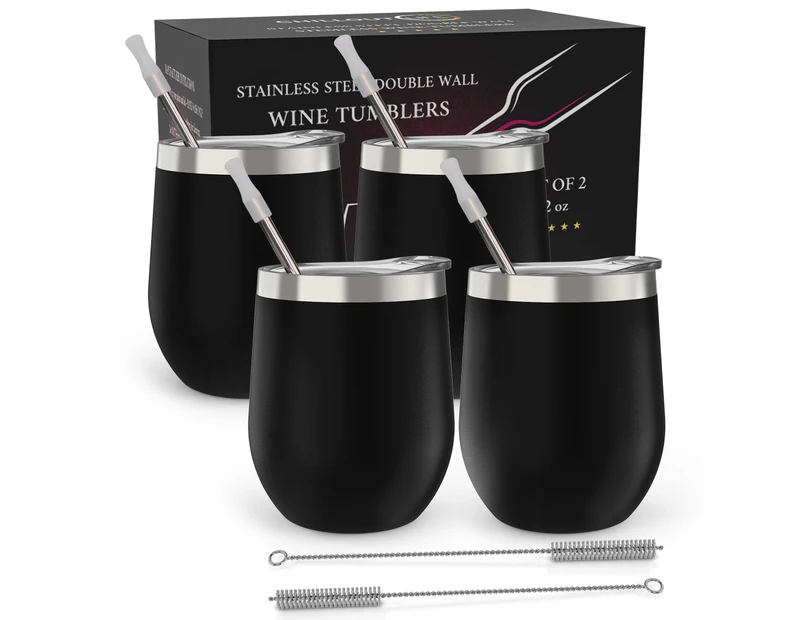 CHILLOUT LIFE Stainless Steel Wine Tumblers 4 Pack 12 oz - Double Wall Vacuum Insulated Wine Cups with Lids and Straws Set - Powder Coated Black