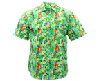 FIL Men's Short Sleeve 100% Cotton Shirt Tropical Hawaiian Summer Style [Design: Frangipani Parrots ]
