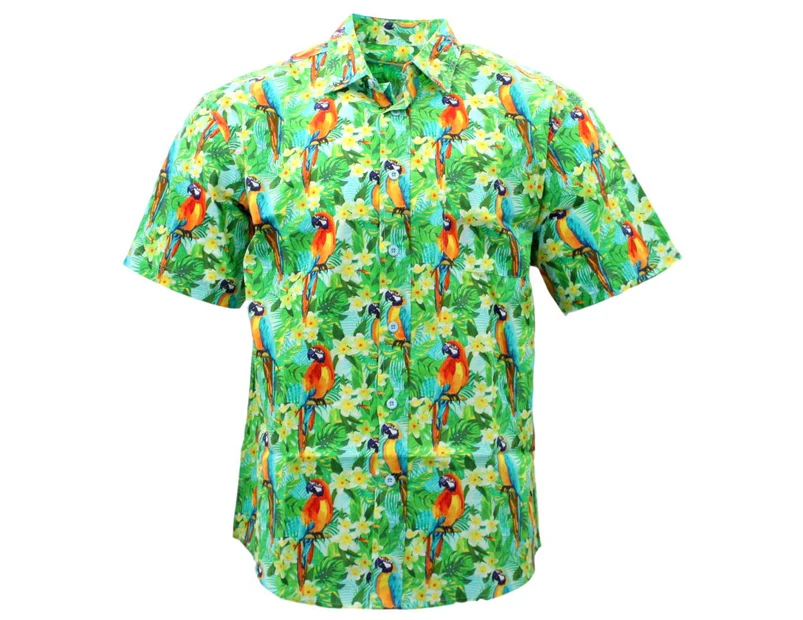 FIL Men's Short Sleeve 100% Cotton Shirt Tropical Hawaiian Summer Style [Design: Frangipani Parrots ]