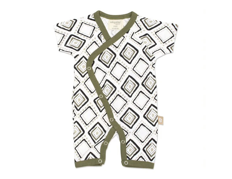 Babyushka Organic Geometric Short Sleeve Kimono Romper Olive