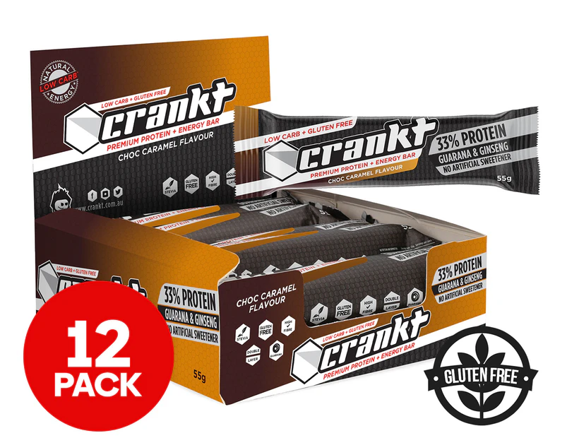 12 x Crankt Premium Gluten Free Protein + Energy Bars Choc Caramel 55g
