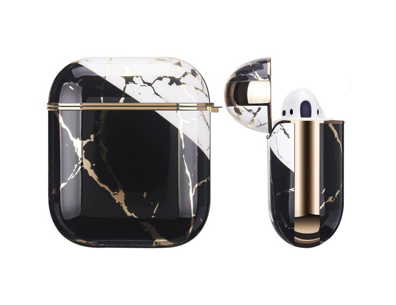 Airpods 1 2 Electroplated Case Cover TPU Design with Key Chain Option, Wireless Charging Support (Electroplated Black Marble | 1/2)