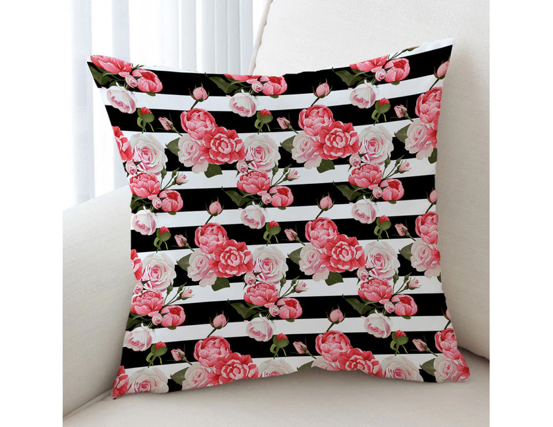 Black and White Stripes and Pinkish Roses Cushion