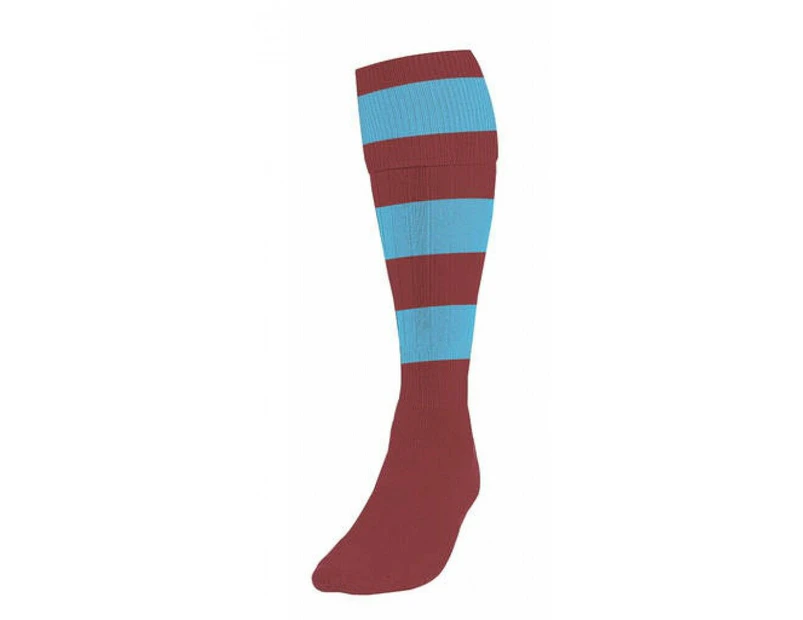 Precision Childrens/Kids Hooped Football Socks (Maroon/Sky Blue) - RD284