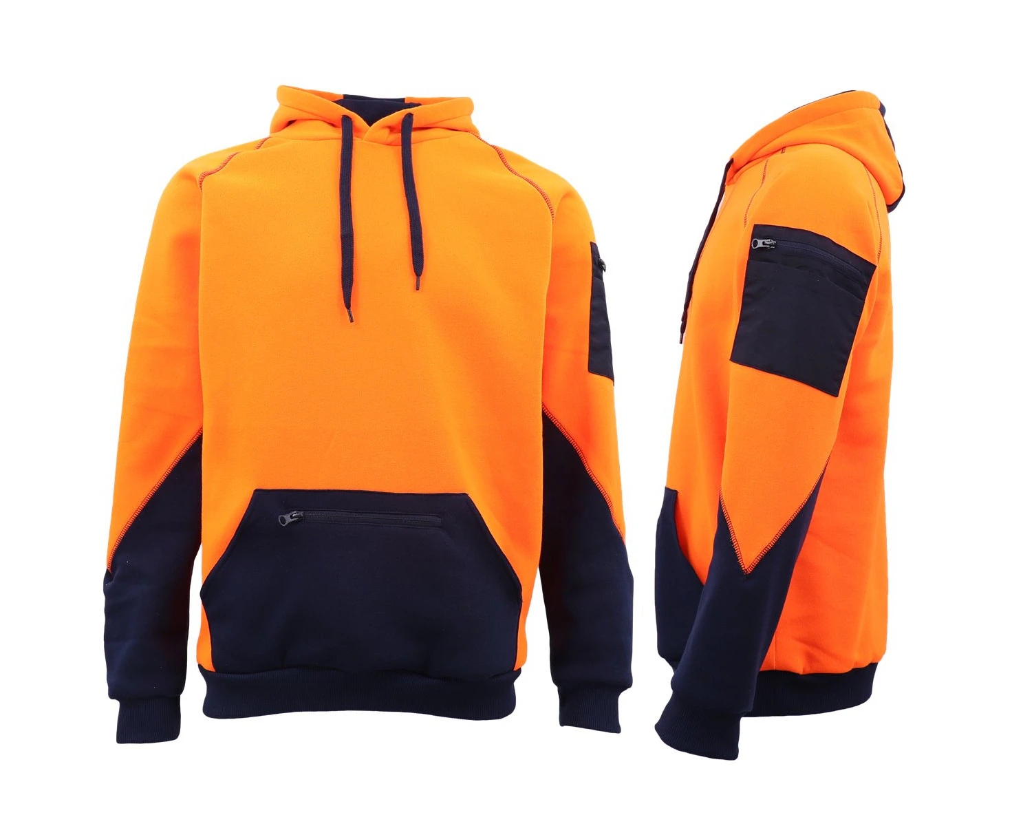 HI VIS Safety Fleece Pullover Hoodies Workwear Kangaroo Arm Pen Pockets Jacket - Orange