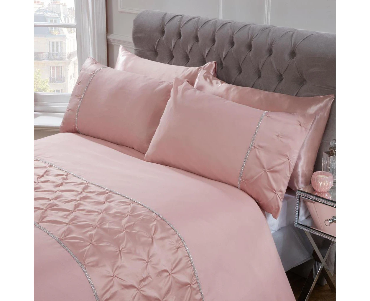 Pintuck Diamante Diamond Band Blush Color Soft Quilt Doona Duvet Cover Set