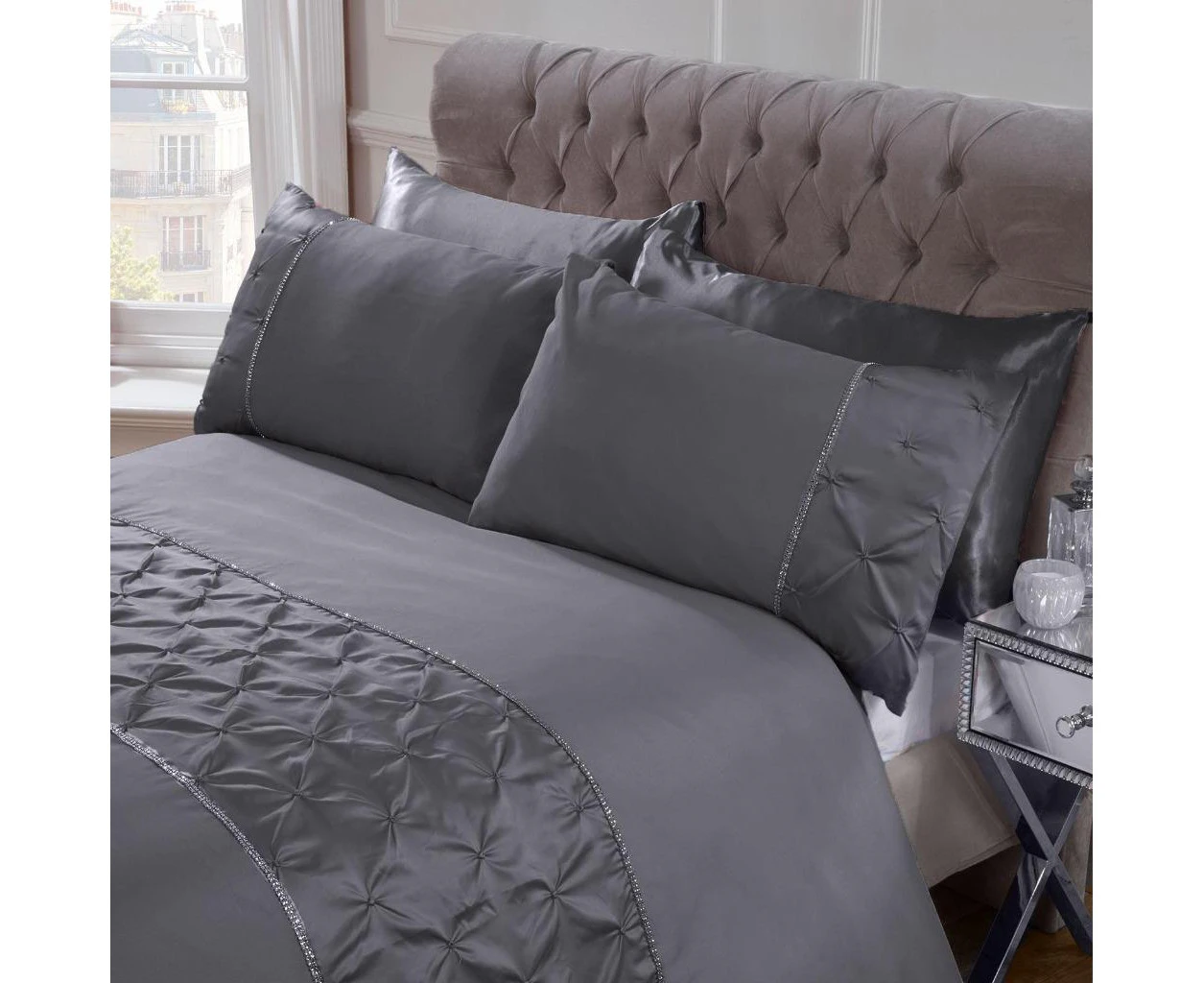 Pintuck Diamante Diamond Band GREY Color Soft Quilt Doona Duvet Cover Set