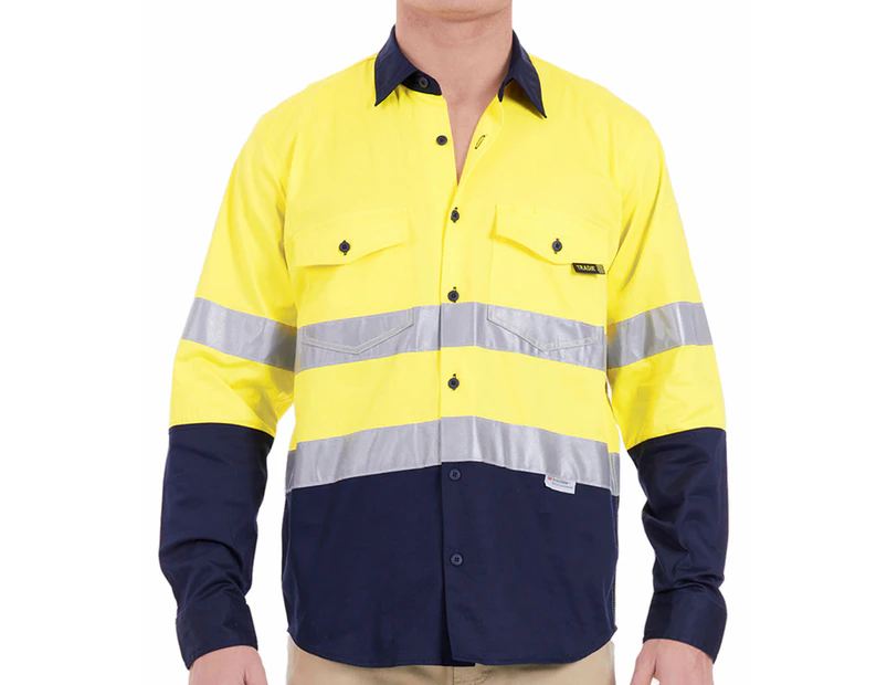 Tradie Men's Flex Hi-Vis Long Sleeve Shirt - Fluro Yellow/Navy