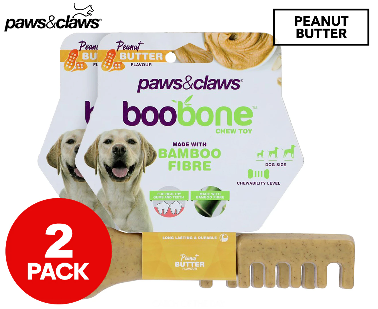 2 x Paws & Claws 18.5cm Boobone Toothbrush Peanut Butter