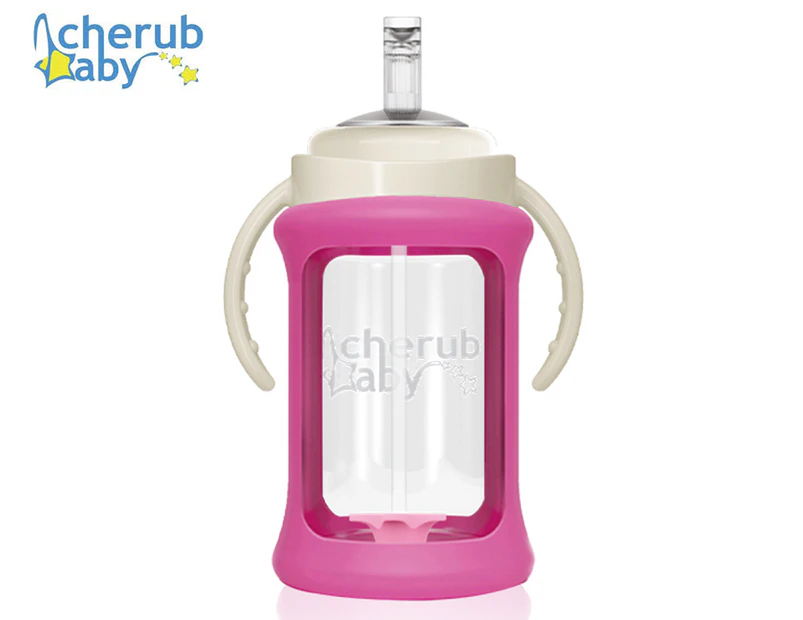 Cherub Baby 240mL Wide Neck Glass Straw Cup w/ Colour Change Sleeve - Pink