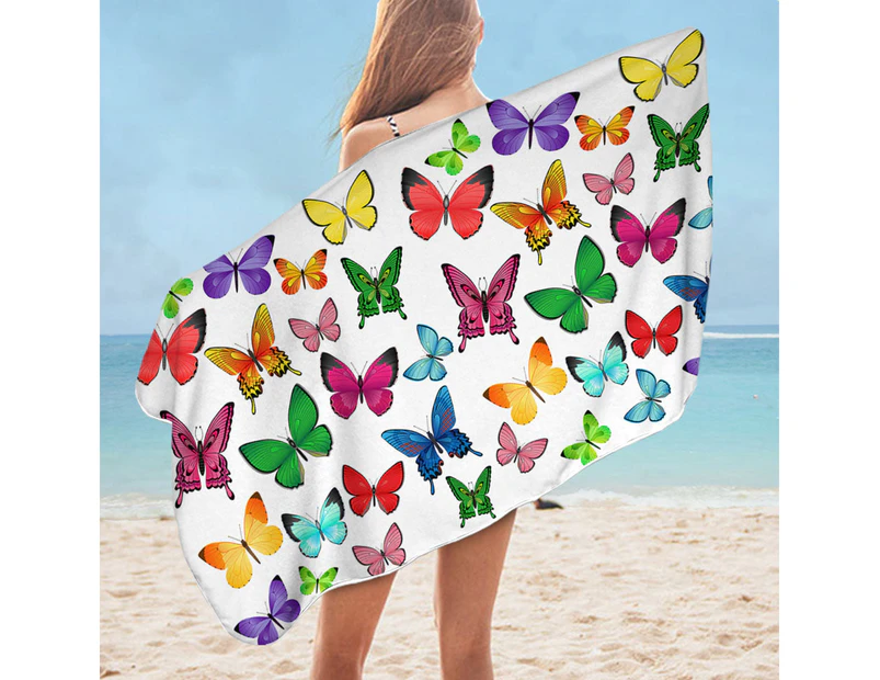 White Back Full of Vivid Colored Butterflies Microfiber Beach Towel
