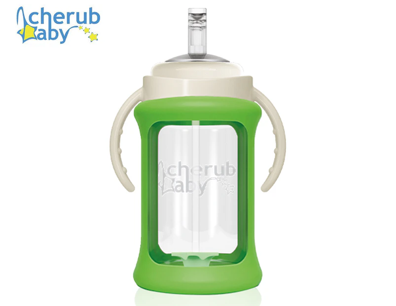 Cherub Baby 240mL Wide Neck Glass Straw Cup w/ Colour Change Sleeve - Green