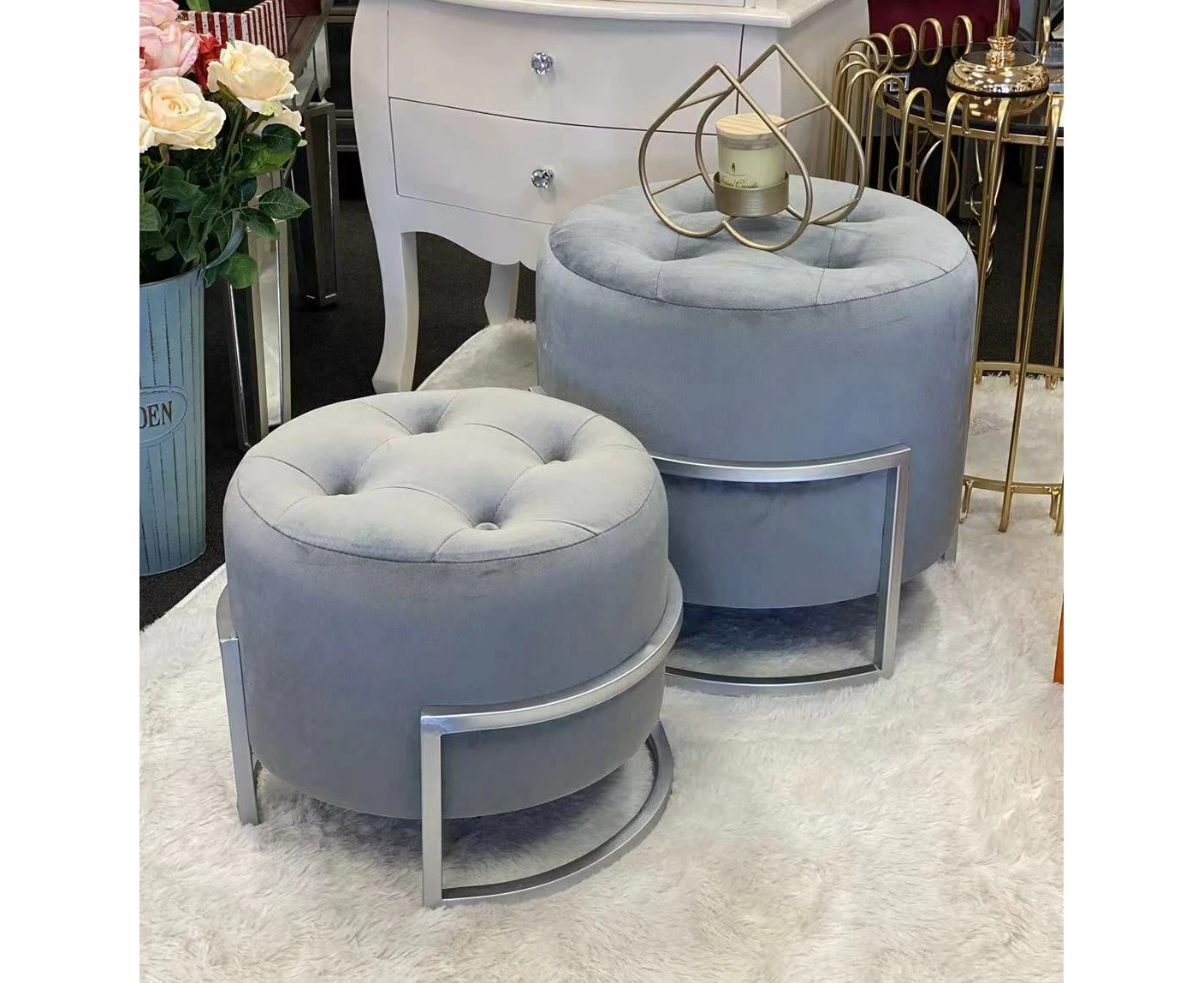 Premium set of 2 ottomans with silver metal bases -grey