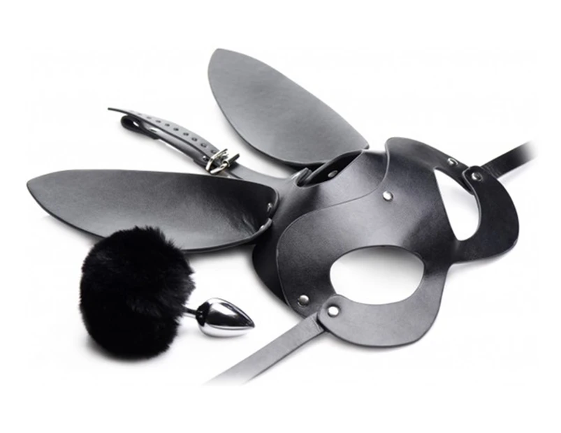 Bunny Tail Anal Plug & Mask Set - Black