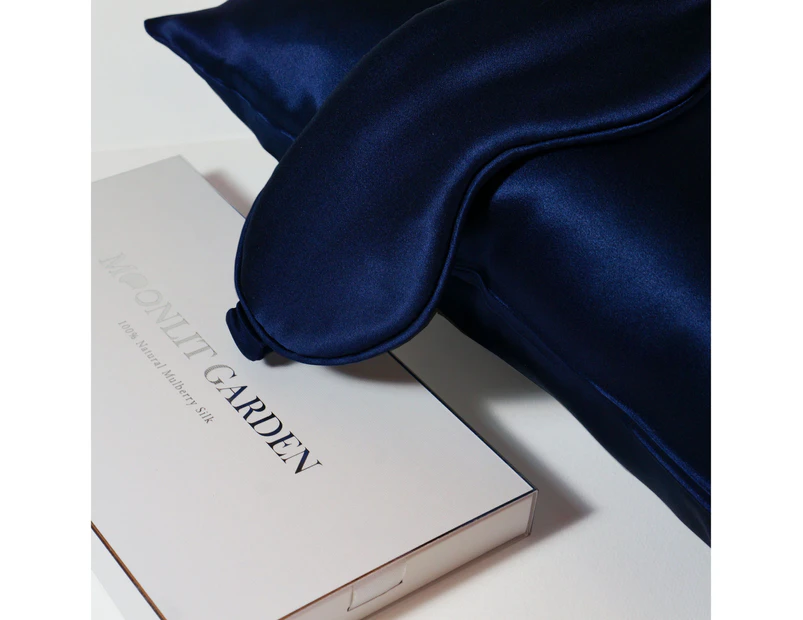 Moonlit Garden Both - Sided 100% Pure Luxe Mulberry Silk Pillowcase With Sleep Eye Mask In One Set - Navy