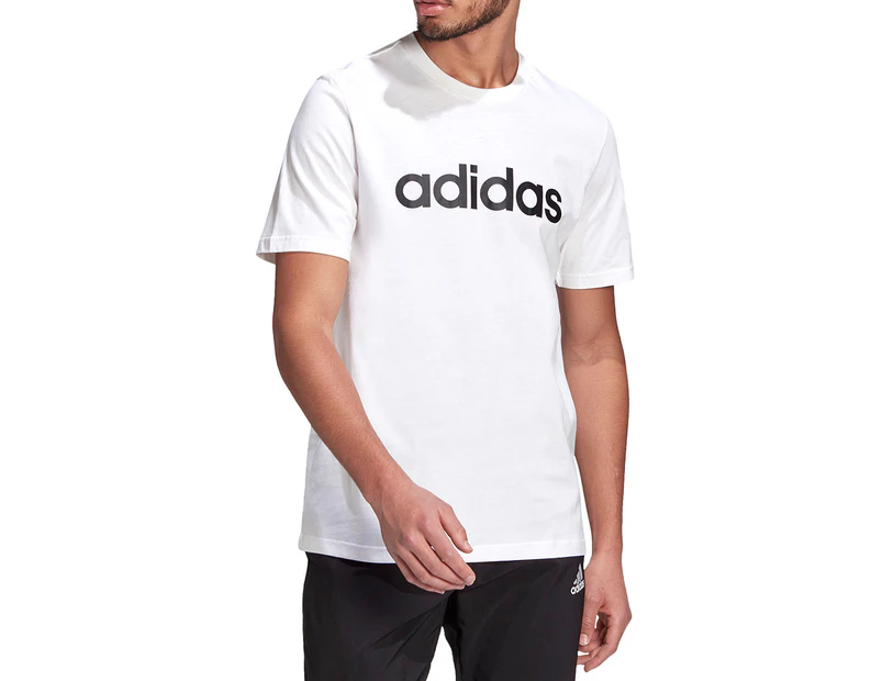 Adidas Men's Essentials Embroidered Linear Logo Crewneck Tee / T-Shirt / Tshirt - White/Black