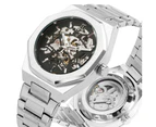 Forsining Sliver Business Style Octagonal Hollow Skeleton Automatic-self-winding Mechanical Watch for Men
