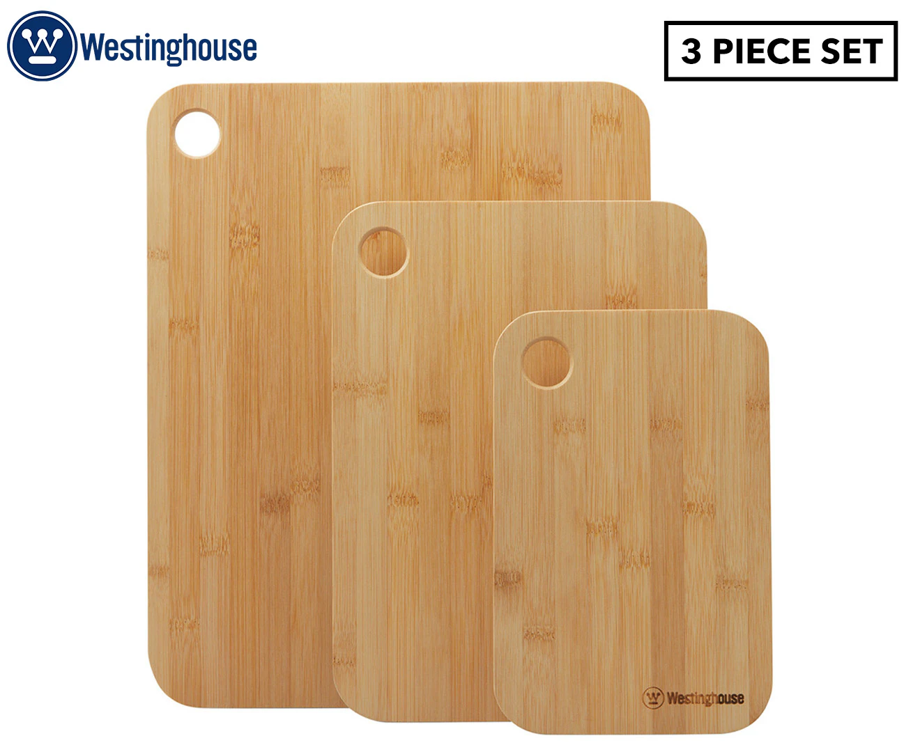 3PK Westinghouse Bamboo Chopping Cutting Boards for Meat/Cheese Wooden Brown Set