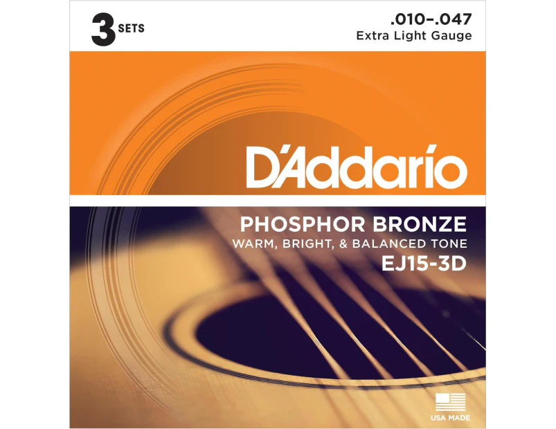 D'Addario EJ15-3D Phosphor Bronze Acoustic Guitar Strings, Extra Light, 3 Sets