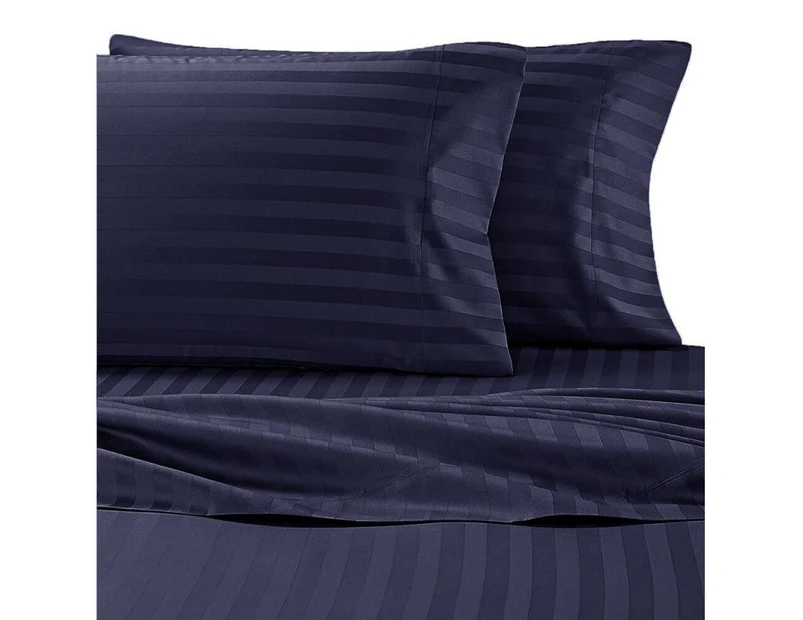 1800TC Delux Ultra Soft 2cm Striped Embossed Microfibre Fitted Sheet Set in Navy All Bed Sizes