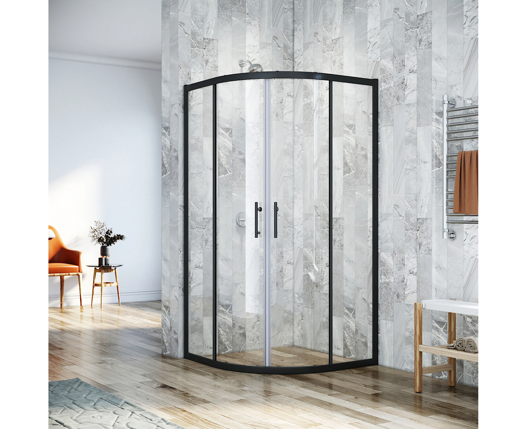 ELEGANT Corner Entry Curved Shower Enclosure Black Framed 1000x1000mm with Acrylic Fiberglass Shower Base