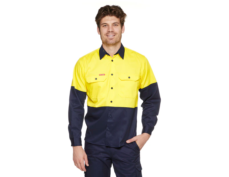 Hard Yakka Men's Long Sleeve Two-Tone Hi-Vis Shirt  - Yellow/Navy
