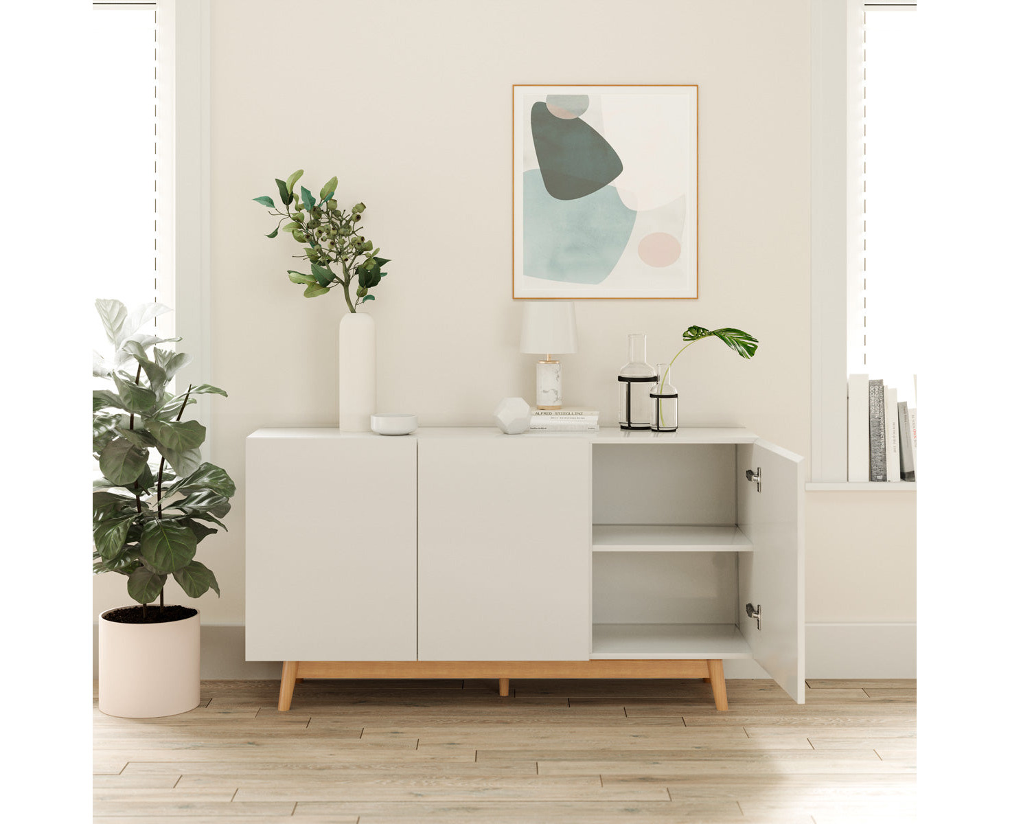 White scandinavian buffet sideboard with solid oak wood deals legs