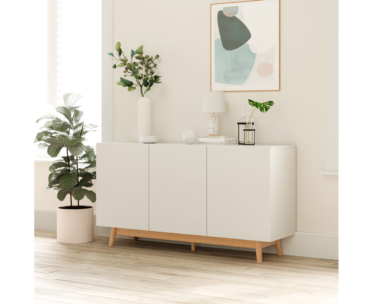 white scandinavian buffet sideboard with solid oak wood legs