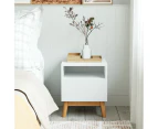 White Scandinavian Wooden Bedside Table with Solid Wood Legs