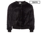 Gem Look Girls' Faux Smooth Fur Boomer Jacket - Black