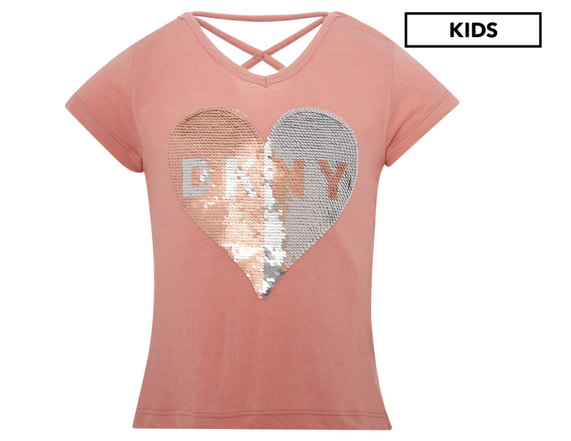 DKNY Girls' Flip Sequin Heart Tee / T-Shirt / Tshirt - Mellow Rose