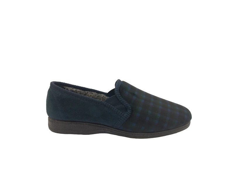 Grosby Louis Mens Slippers Slip On Cosy Memory Foam Furry Lined - Navy