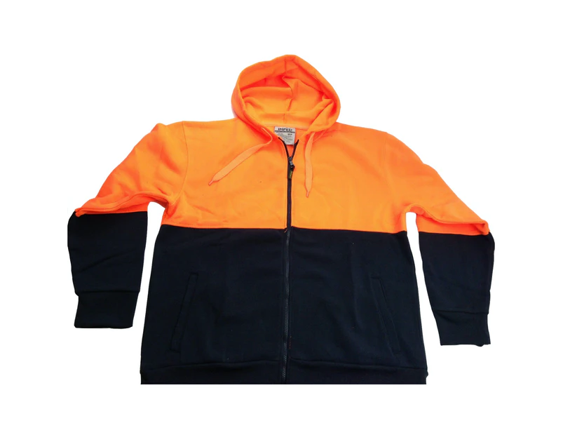 HI VIS Jumper Full-Zip Hoodie Safety Workwear Fleece Jacket - Orange/Navy