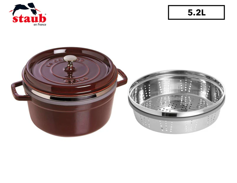 Staub 26cm/5.2L Enamel/Cast Iron Round Cocotte w/ Steamer Pot Cookware Grenadine