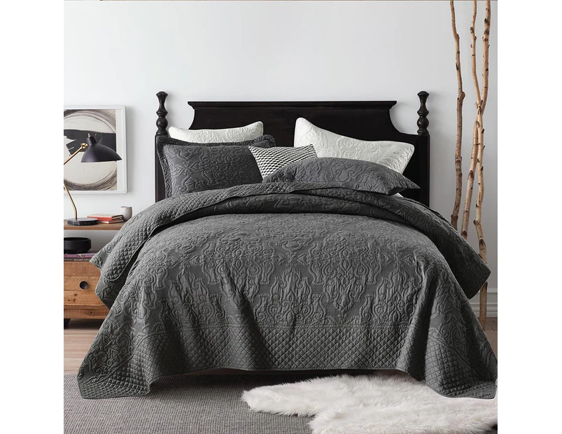 Luxury Quilted Embroidery Coverlet Bedspread Set Comforter For Queen King Size Bed 230x250cm Rose Charcoal