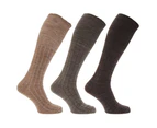 Mens Long Length Ribbed Lambswool Blend Socks (Pack Of 3) (Brown Assorted) - MB229