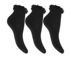 Childrens Girls Ruffled Trim School Socks (Pack Of 3) (Black) - K228