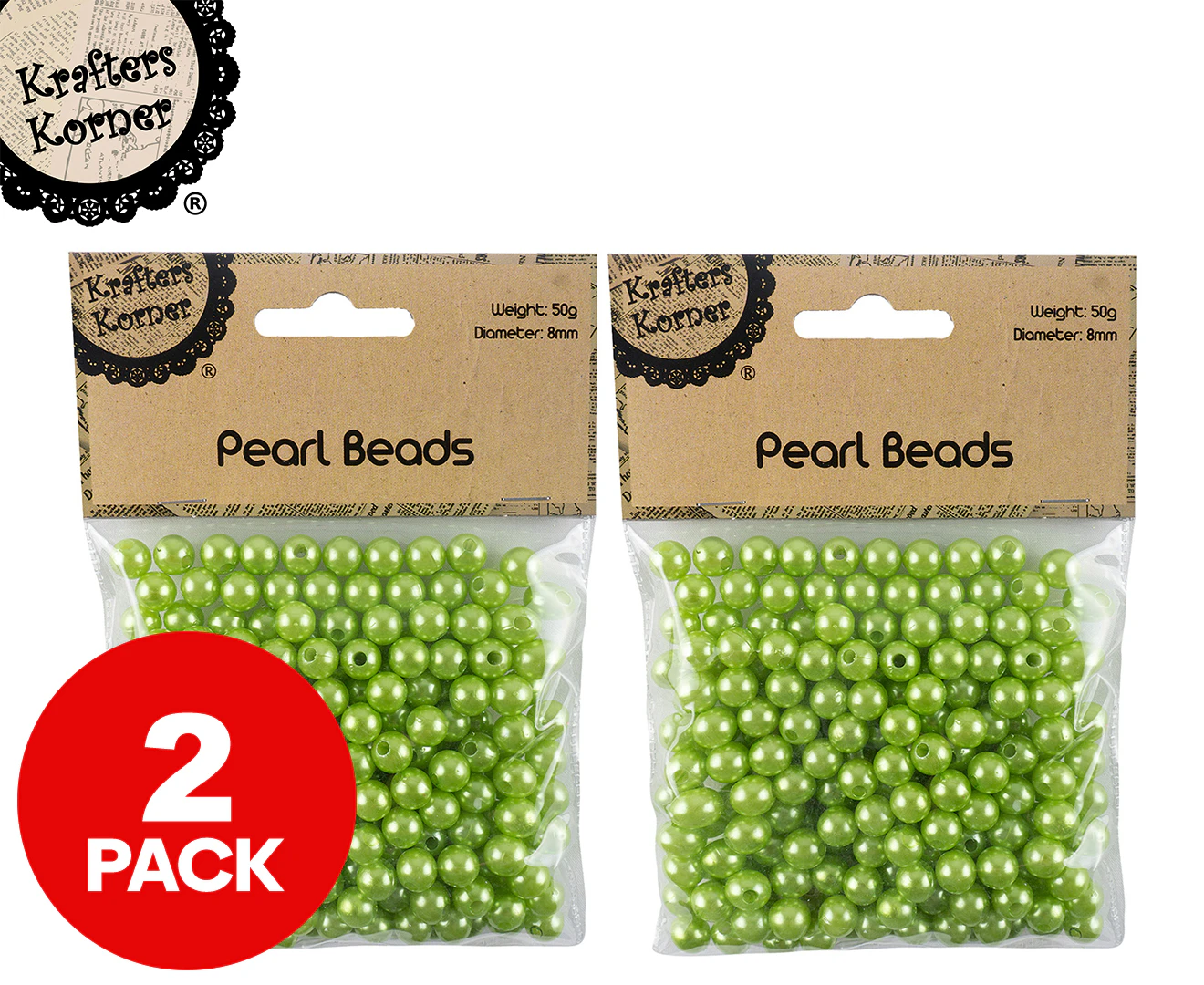 2 x Krafters Korner Pearl Beads 50g - Lime