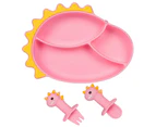 3pc - High Quality Silicone Dinosaur Divided Suction Plate Fork Spoon Set - Pink