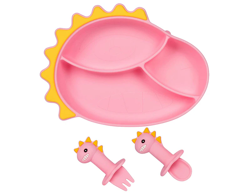 3pc - High Quality Silicone Dinosaur Divided Suction Plate Fork Spoon Set - Pink