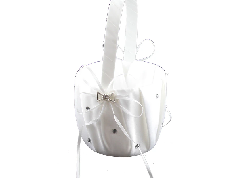 Flower Basket White with Bow - Wedding Sprinkle Petal Girl  Basket