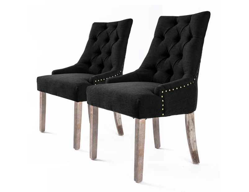 La Bella 2 Set French Provincial Dining Chair Amour Oak Fabric Studs Retro - Dark Black