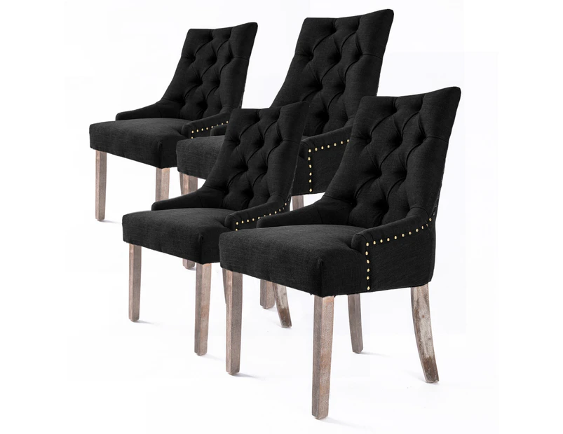 La Bella 4 Set French Provincial Dining Chair Amour Oak Fabric Studs Retro - Dark Black