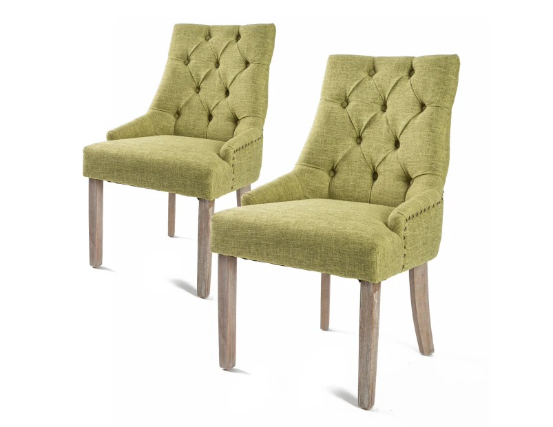 La Bella 2 Set French Provincial Dining Chair Amour Oak Fabric Studs Retro - Green