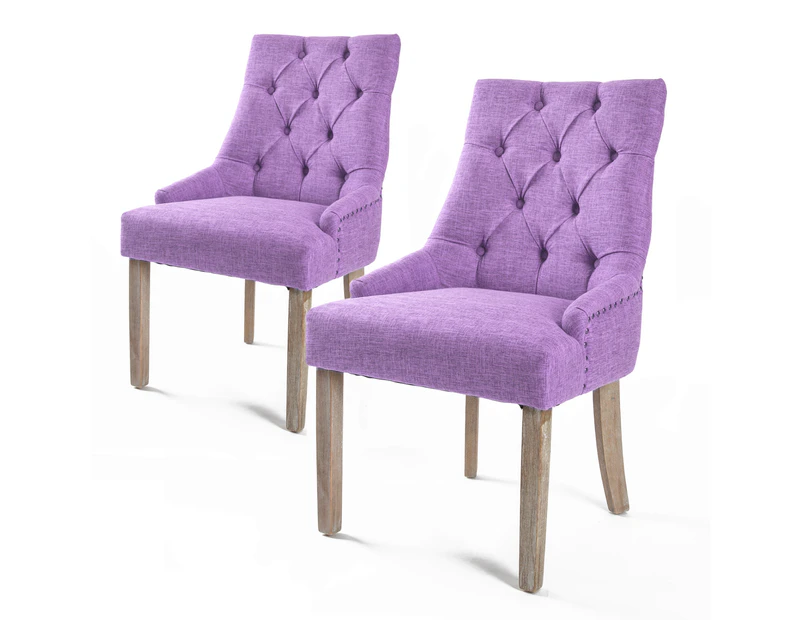 La Bella 2 Set French Provincial Dining Chair Amour Oak Fabric Studs Retro - Violet
