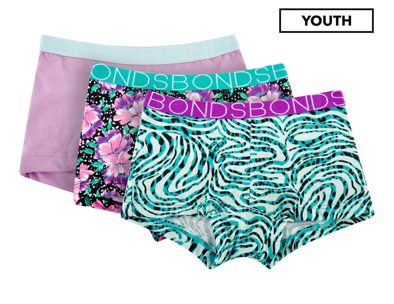 Bonds Youth Girls' Shortie 3-Pack - Pink/Green/Purple